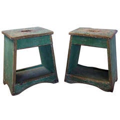 Antique Pair of Antic Church Stools, Portugal XIX, Patinated Wood