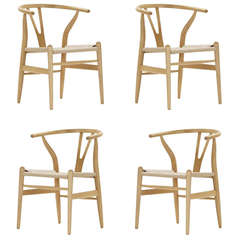 Set of Four Wishbone Chairs, Hans Wegner, Denmark, 1950, Wood and Paper Cord