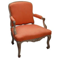 2 Louis XV style bergeres, France, circa 1850, patinated wood and color fabrics