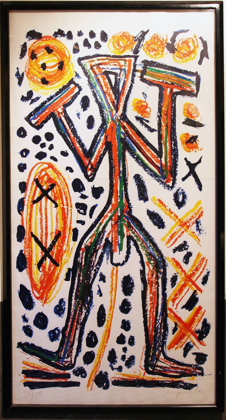 Colorful lithography by A.R. Penck, alias Ralf Winkler. Sculptor, printmaker, and painter, A.R. Penck was born in Dresden, East Germany, in 1939. Developing his schematic, pictographic paintings in the 1960s, Penck worked out a style that extended a