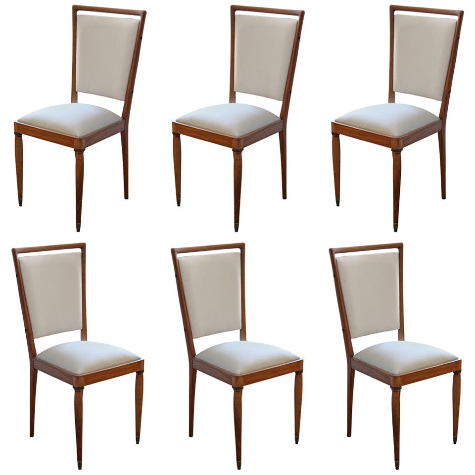 Set of Six 1950s Chairs, Wood and Silk Fabric