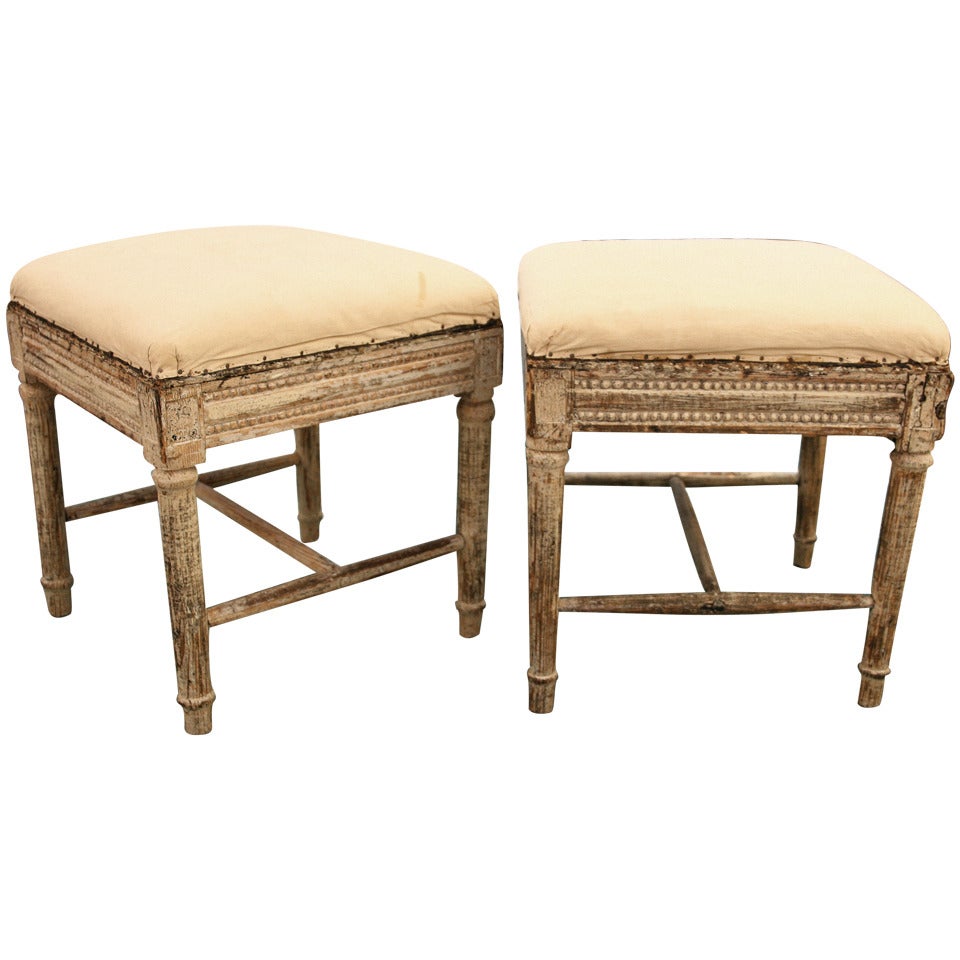 Pair of Beautiful Swedish Stools, XVIII, Carved and Patinated Pine Wood For Sale