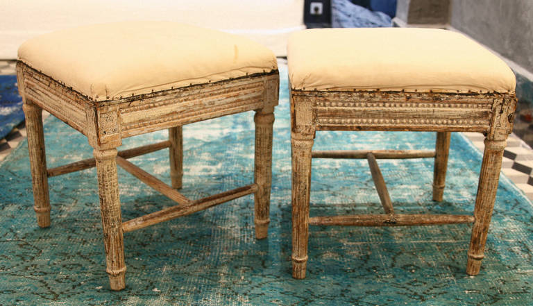 Pair of Beautiful Swedish Stools, XVIII, Carved and Patinated Pine Wood