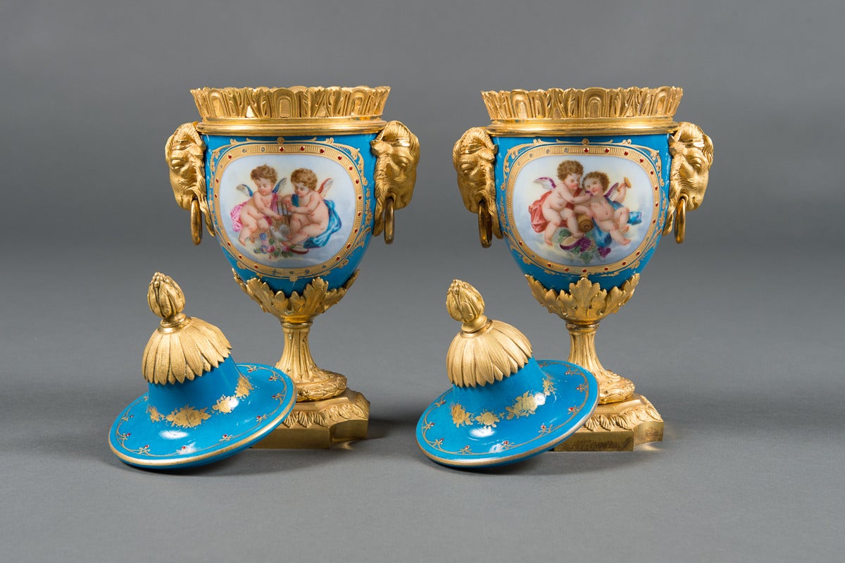 Art Nouveau A Pair of 19th Century French Gilt Bronze Mounted Sevres Style Painted Vases