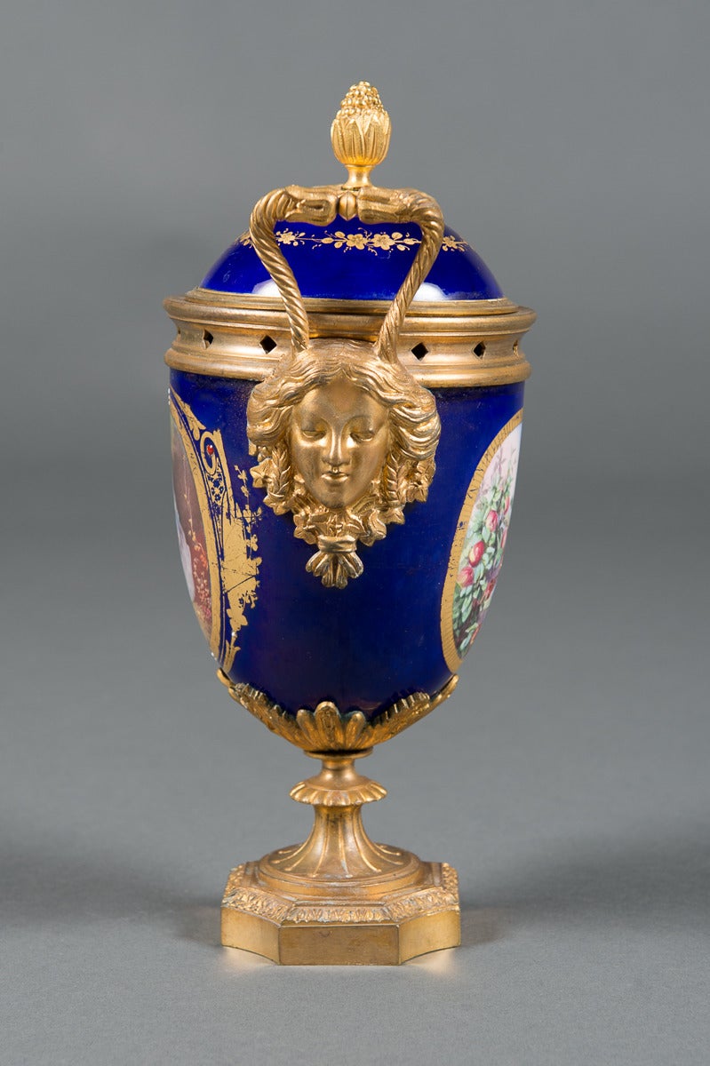 Pair of 19th Century French Gilt Bronze & Cobalt Blue Sevres Style Jeweled Vases In Excellent Condition For Sale In Los Angeles, CA