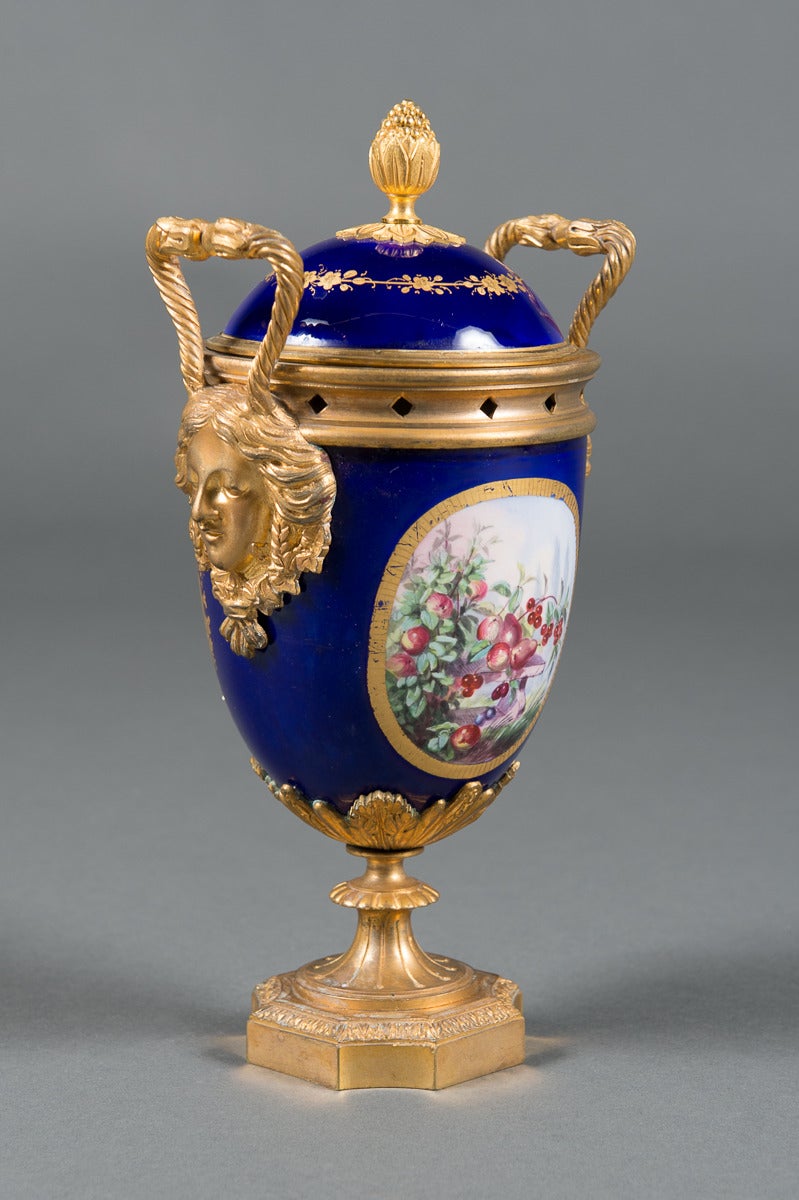 Pair of 19th Century French Gilt Bronze & Cobalt Blue Sevres Style Jeweled Vases For Sale 2