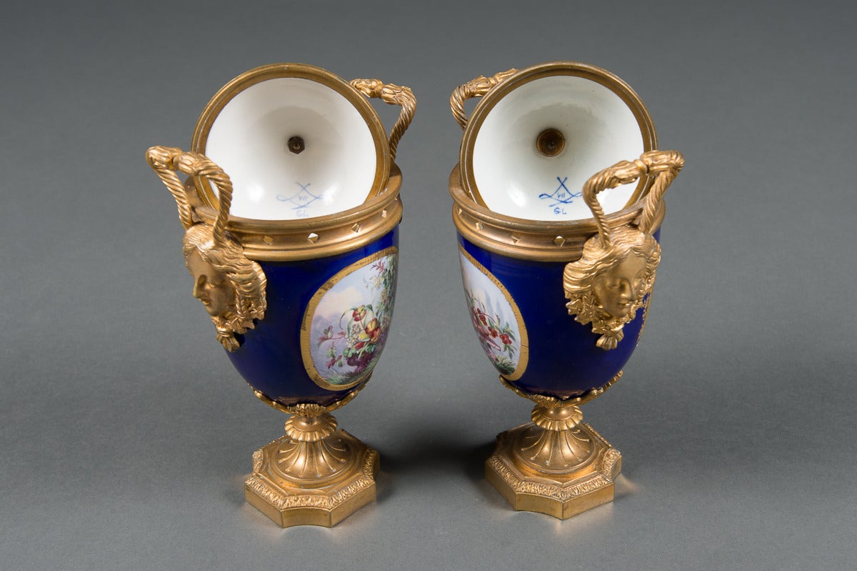 Pair of 19th Century French Gilt Bronze & Cobalt Blue Sevres Style Jeweled Vases For Sale 5