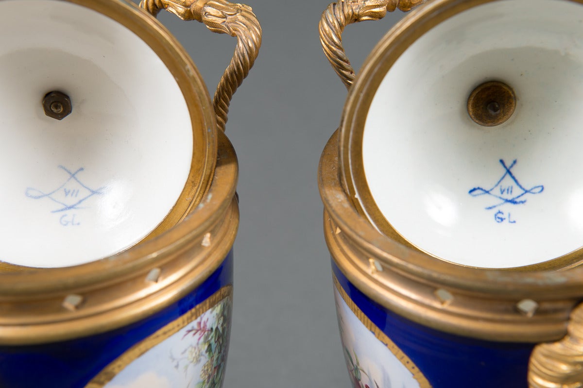 Pair of 19th Century French Gilt Bronze & Cobalt Blue Sevres Style Jeweled Vases For Sale 6