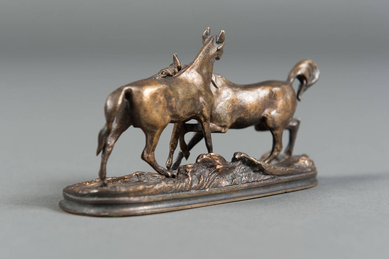 A French Patinated Miniature Bronze Figure of Two Horses by P.J. Mene In Excellent Condition In Los Angeles, CA