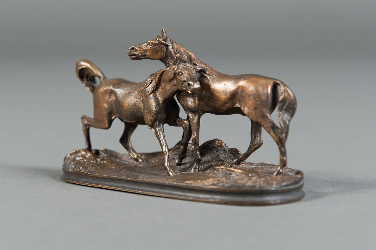 A French Patinated Miniature Bronze Figure of Two Horses by P.J. Mene 1