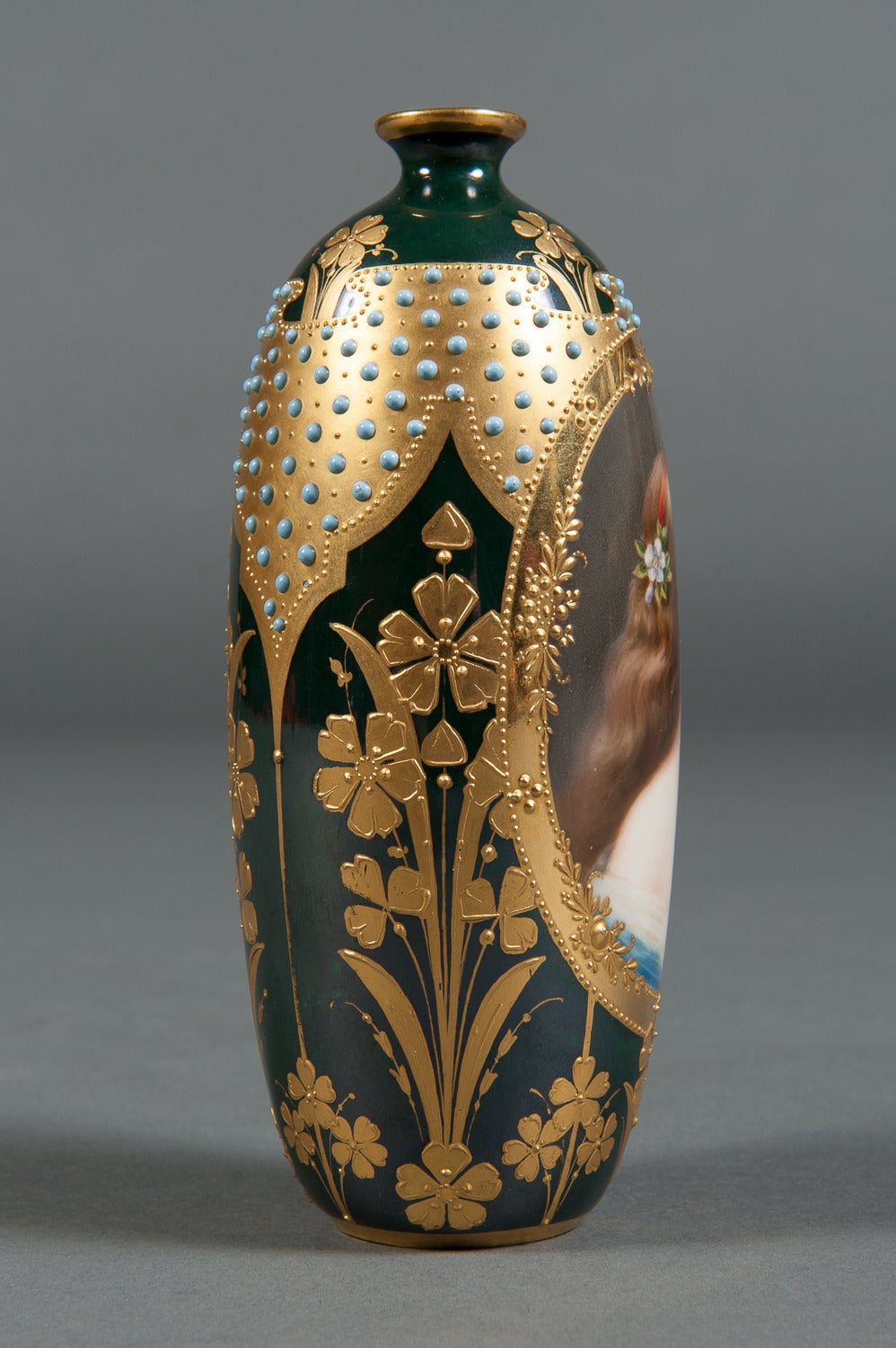 Art Nouveau A Royal Vienna Style Hand Painted & Jeweled Porcelain Vase For Sale
