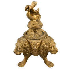 A Very Fine French Antique Gilt Bronze Lion Motif Ink Well