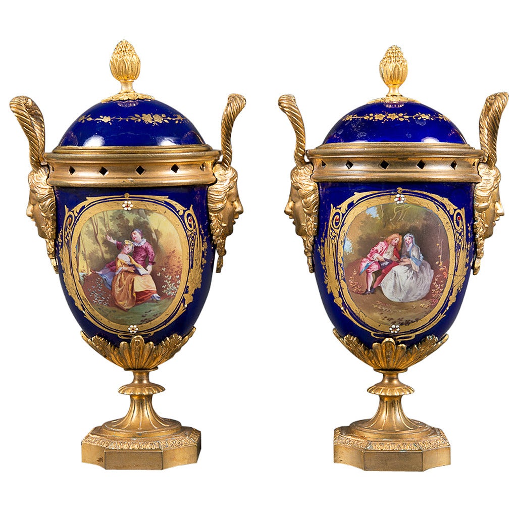 Pair of 19th Century French Gilt Bronze & Cobalt Blue Sevres Style Jeweled Vases For Sale