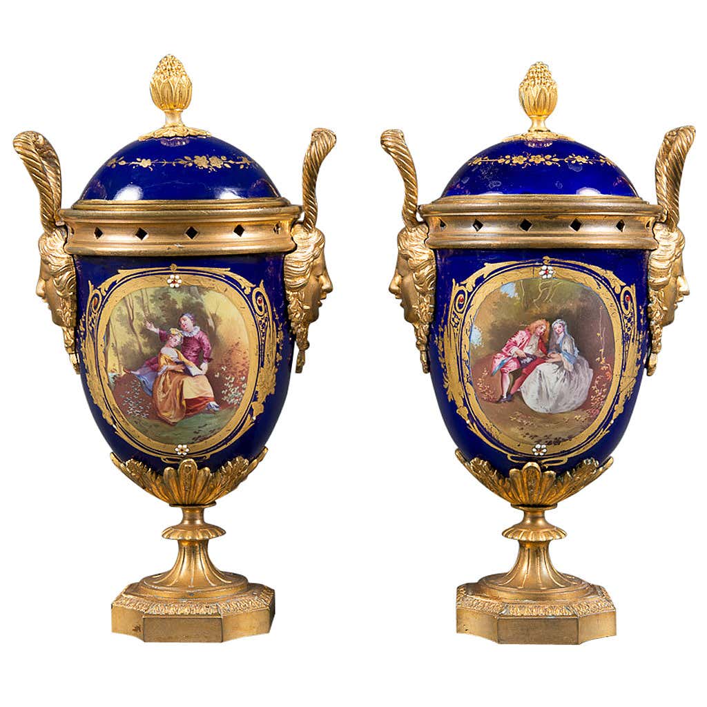 Pair of 19th Century French Gilt Bronze and Cobalt Blue Sevres Style ...