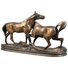 A French Patinated Miniature Bronze Figure of Two Horses by P.J. Mene