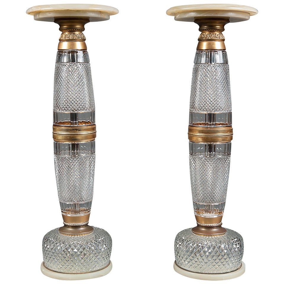 A Pair of Early 20th Century Baccarat Style Cut Crystal & Marble Pedestals