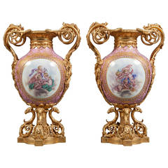 A Pair of French Sevres Porcelain Gilt Bronze Mounted & Jeweled Vases