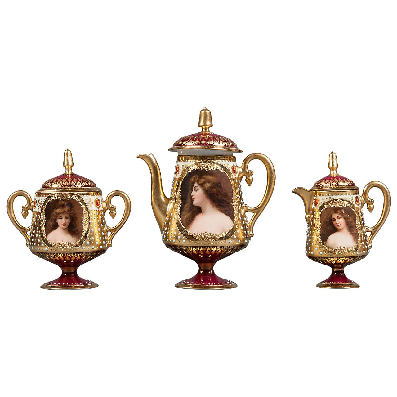 Three-Piece Dresden Hand-Painted Jeweled Coffee Set Depicting Three Beauties