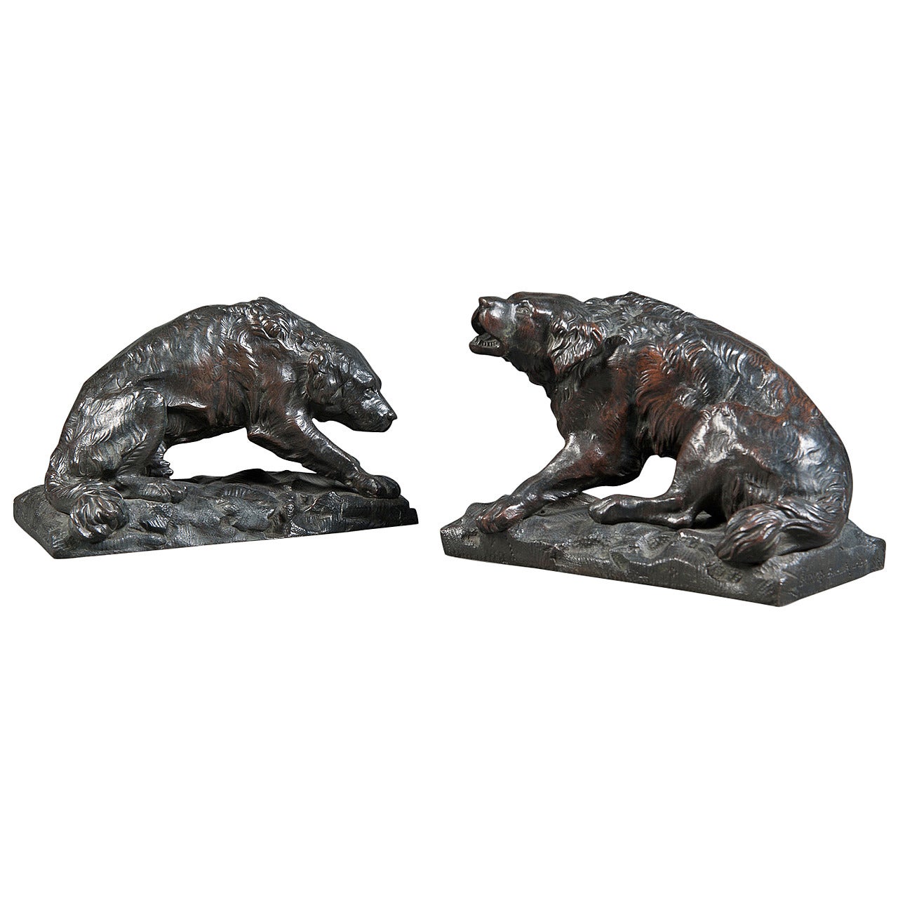 A Pair of French Patinated Bronze Wild Dogs by A. Barye Barbedienne Foundry