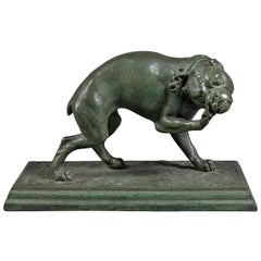 A French Antique Green Patinated Dog after Antoine Barye