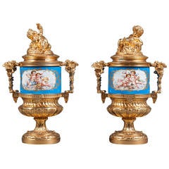A Pair of 19th Century French Sevres Style & Gilt Bronze Porcelain Lidded Vases