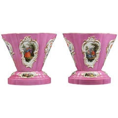 A Pair of 19th Century Pink Ground Meissen Porcelain Cachepots on Bases