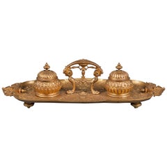 A Large 19th Century French Gilt-Bronze Ink Well with Handle