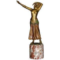 Cold Painted Austrian Bronze of Semi Nude Dancer on a Marble Base, Signed Fitz