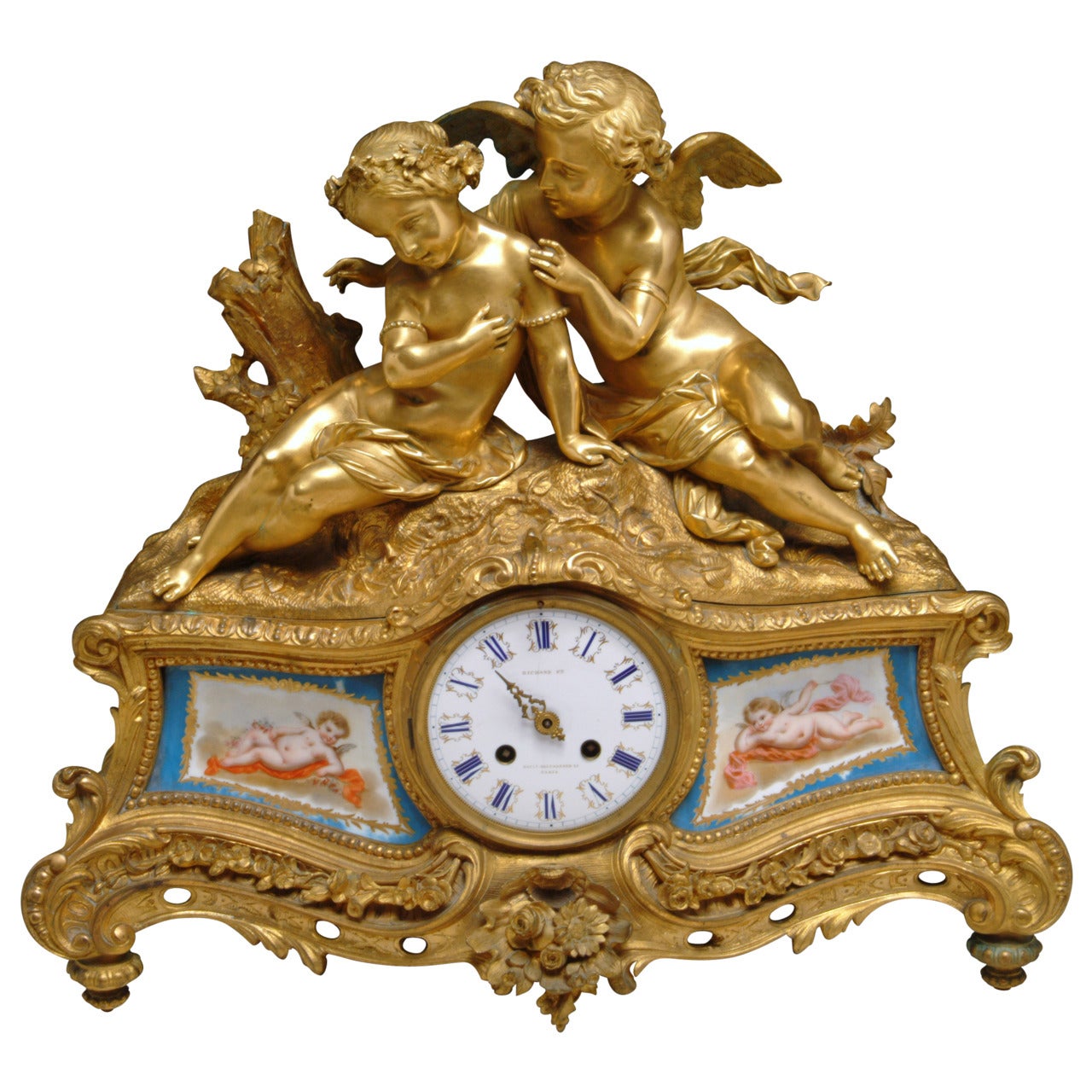 French Gilt Bronze and Sevres Style Porcelain Figural Clock Depicting Lovers