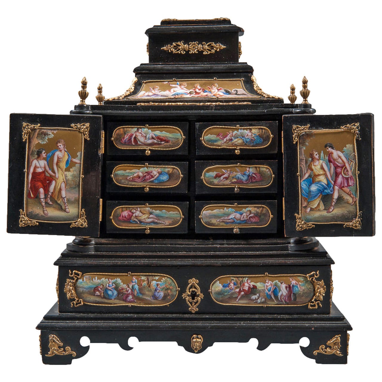 A Large Austrian Viennese Enamel Bronze Mounted Ebony Jewelry Box
