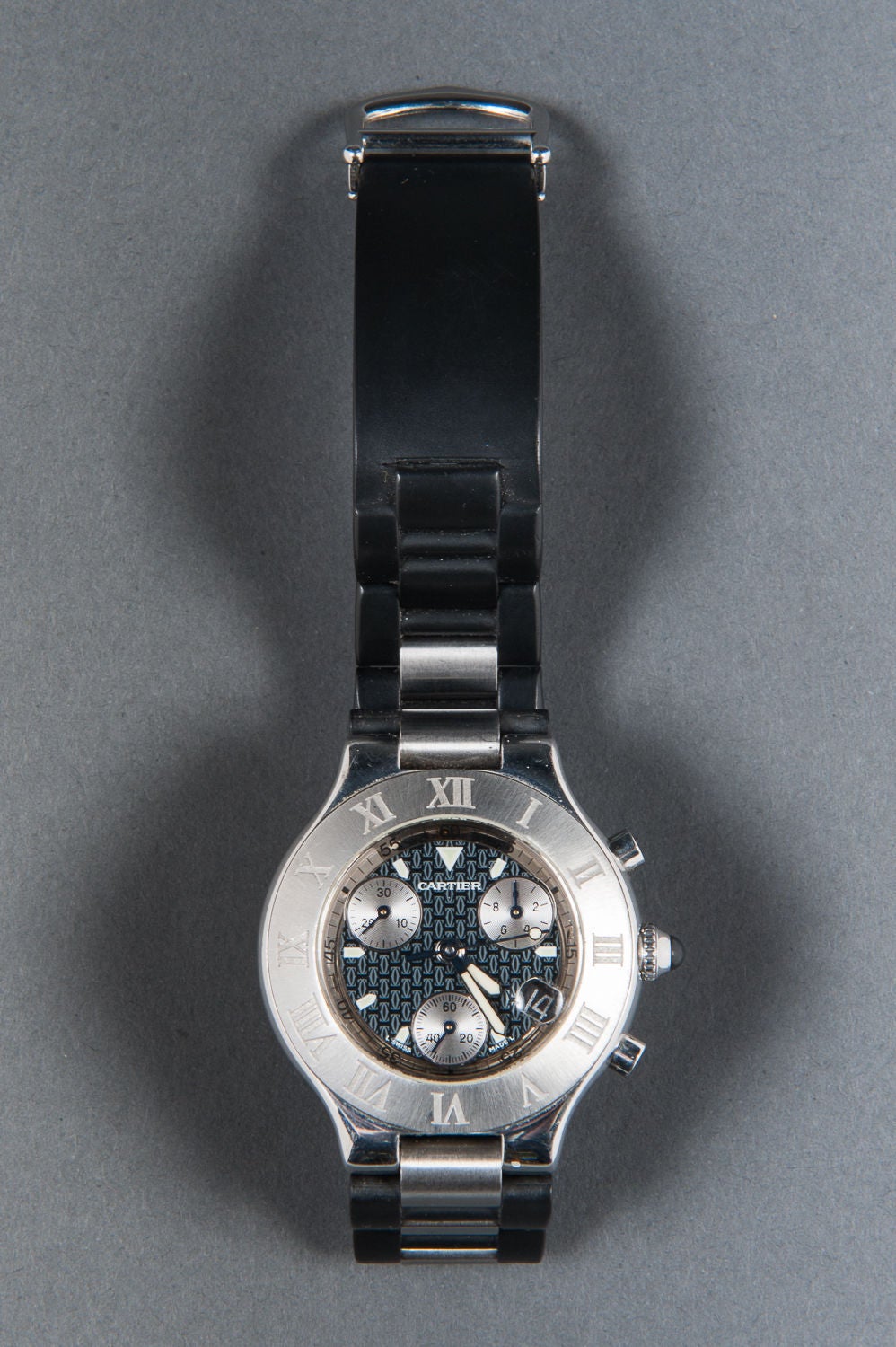 Cartier Men Must 21 Quartz Chronograph Date Stainless Steel and Black Rubber