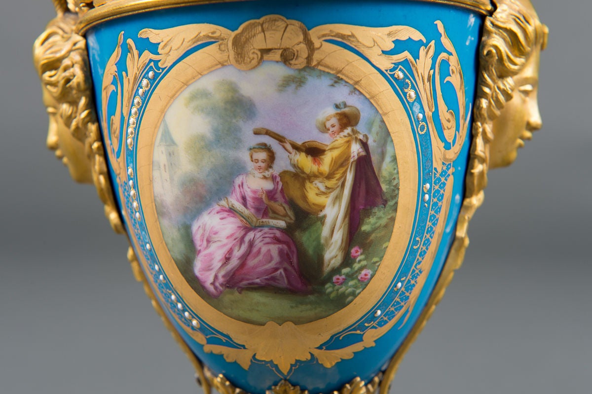 Pair of 19th Century French Gilt Bronze-Mounted Turquoise Ground Painted Vases For Sale 4