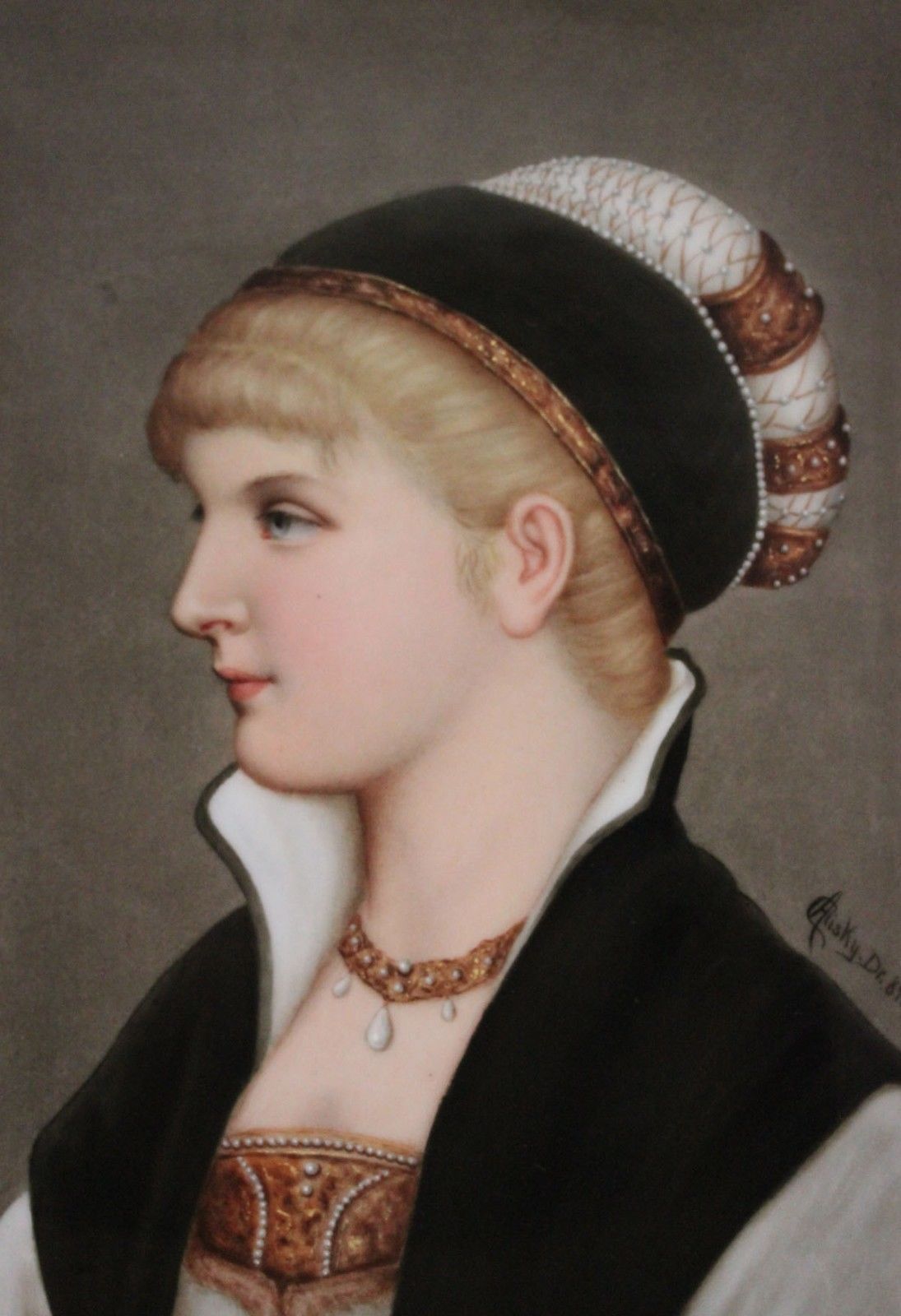 A Berlin K.P.M. Hand-Painted Porcelain Plaque of a Young Lady with a Hat

Germany, Circa 1884

Impressed with K.P.M sceptre mark

Signed: C. Alisky Dr.84 (C. Alisky Dresden 1884)

Dimensions: Plaque Height: 6