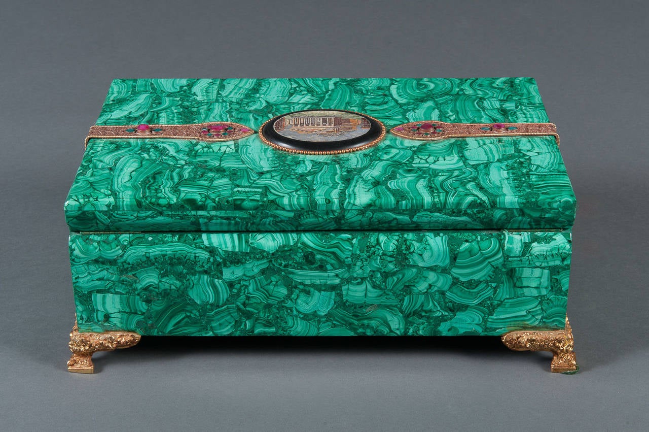 Large Russian Malachite Gilt Bronze and Micro Mosaic Box Hinged Box In Excellent Condition In Los Angeles, CA