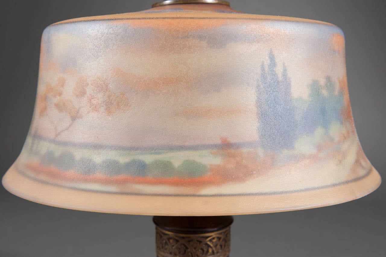 A Reverse Painted Pairpoint Landscape Lamp with Carved Wooden Base In Excellent Condition In Los Angeles, CA