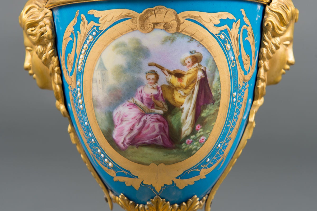 Pair of 19th Century French Gilt Bronze-Mounted Turquoise Ground Painted Vases For Sale 5