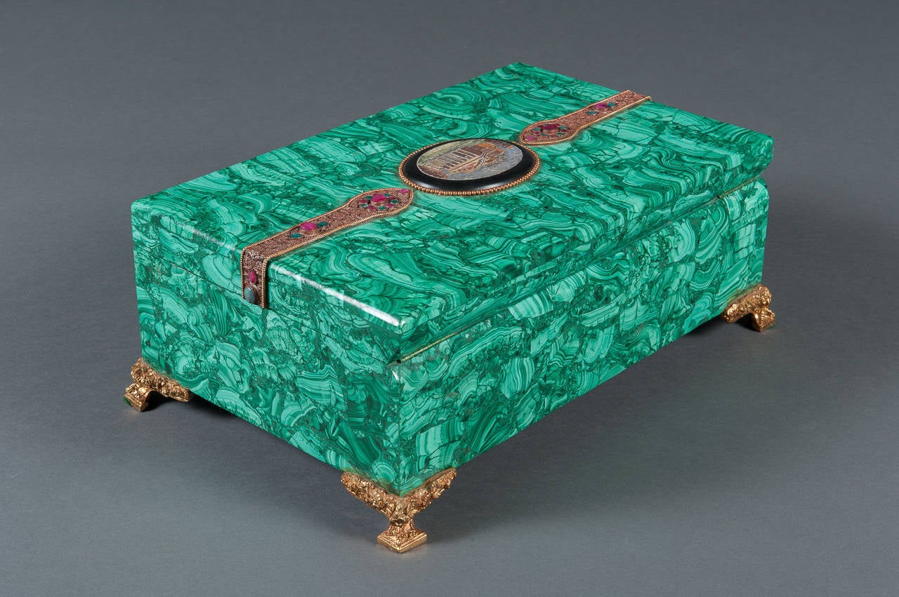 19th Century Large Russian Malachite Gilt Bronze and Micro Mosaic Box Hinged Box