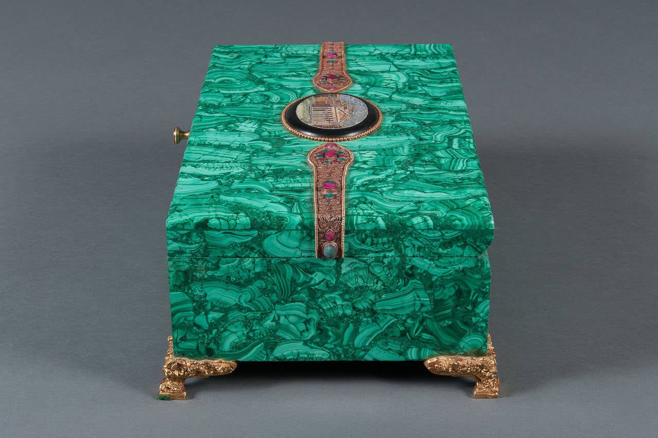 A large Russian malachite gilt bronze and micro mosaic box hinged box.

Dimensions: Height: 6.5