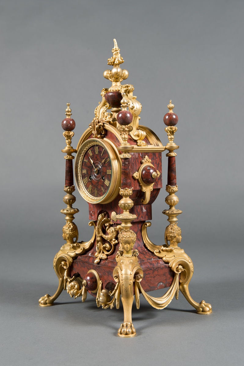 A 19th Century French Rouge Marble & Gilt Bronze 3-Piece Clock Garniture In Good Condition In Los Angeles, CA
