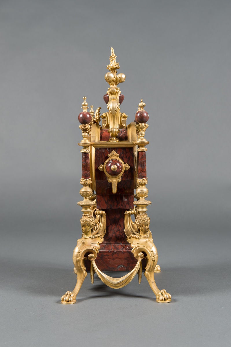 A 19th Century French Rouge Marble & Gilt Bronze 3-Piece Clock Garniture 1