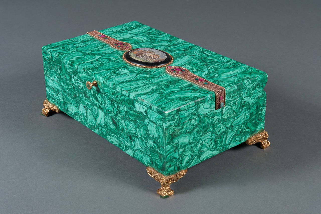 Large Russian Malachite Gilt Bronze and Micro Mosaic Box Hinged Box 1