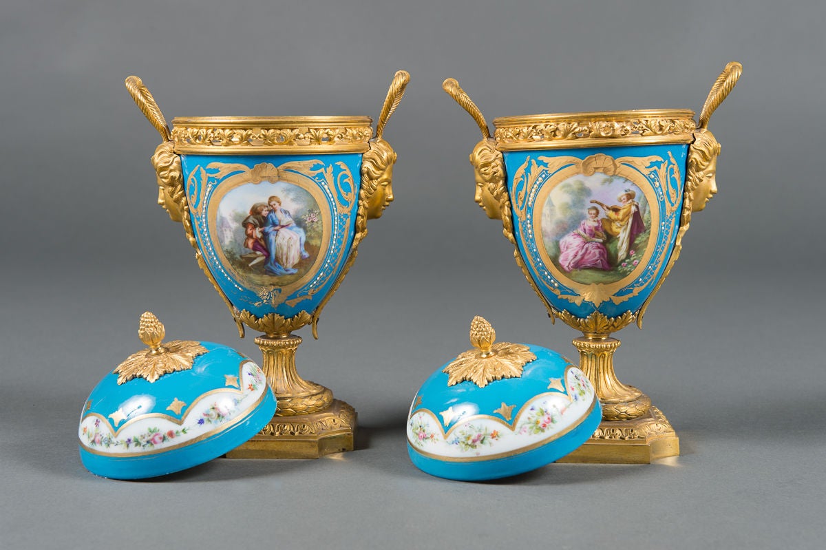 Pair of 19th Century French Gilt Bronze-Mounted Turquoise Ground Painted Vases For Sale 6