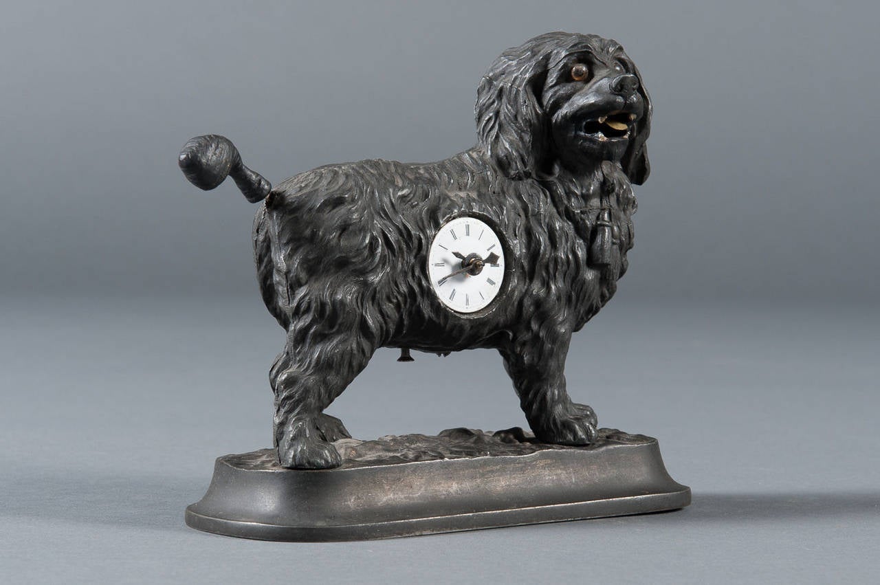 A Rare 19th Century German Cast Iron Animated Dog Novelty Timepiece For Sale 1