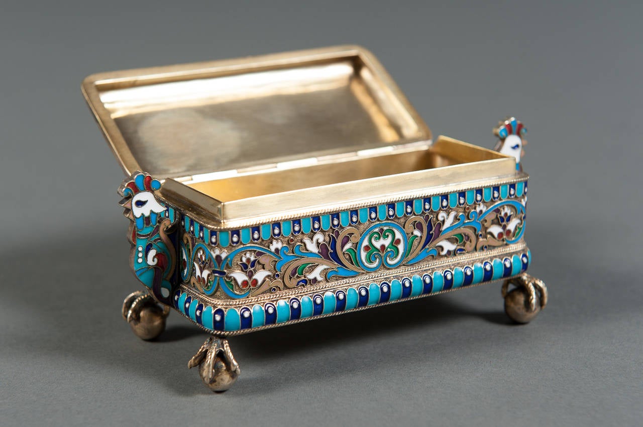 A Fine Russian .84 SIlver & Enameled Box With Eagle Feet. Signed/Hallmarked 2
