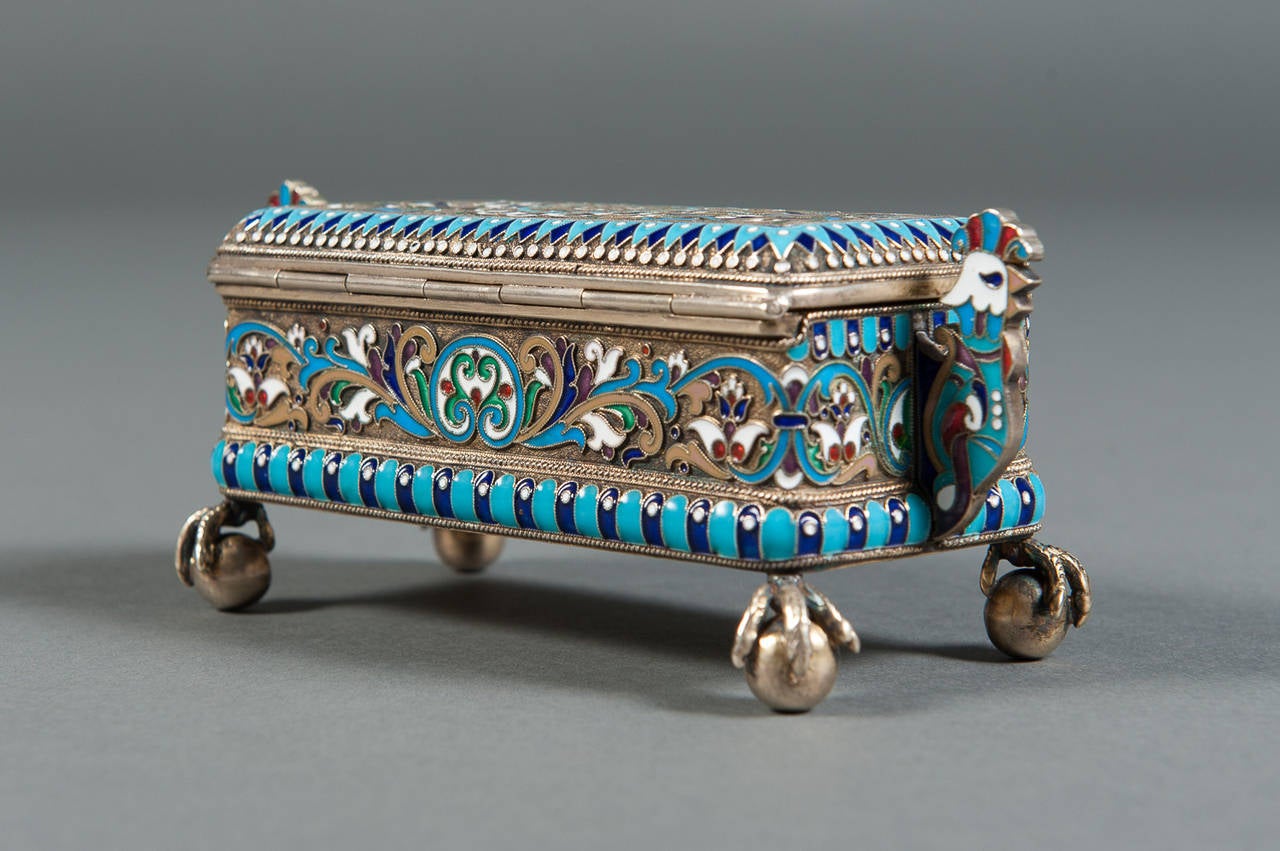 A Fine Russian .84 SIlver & Enameled Box With Eagle Feet. Signed/Hallmarked

Age: Unknown

Origin: Russia

Height: 2 3/8