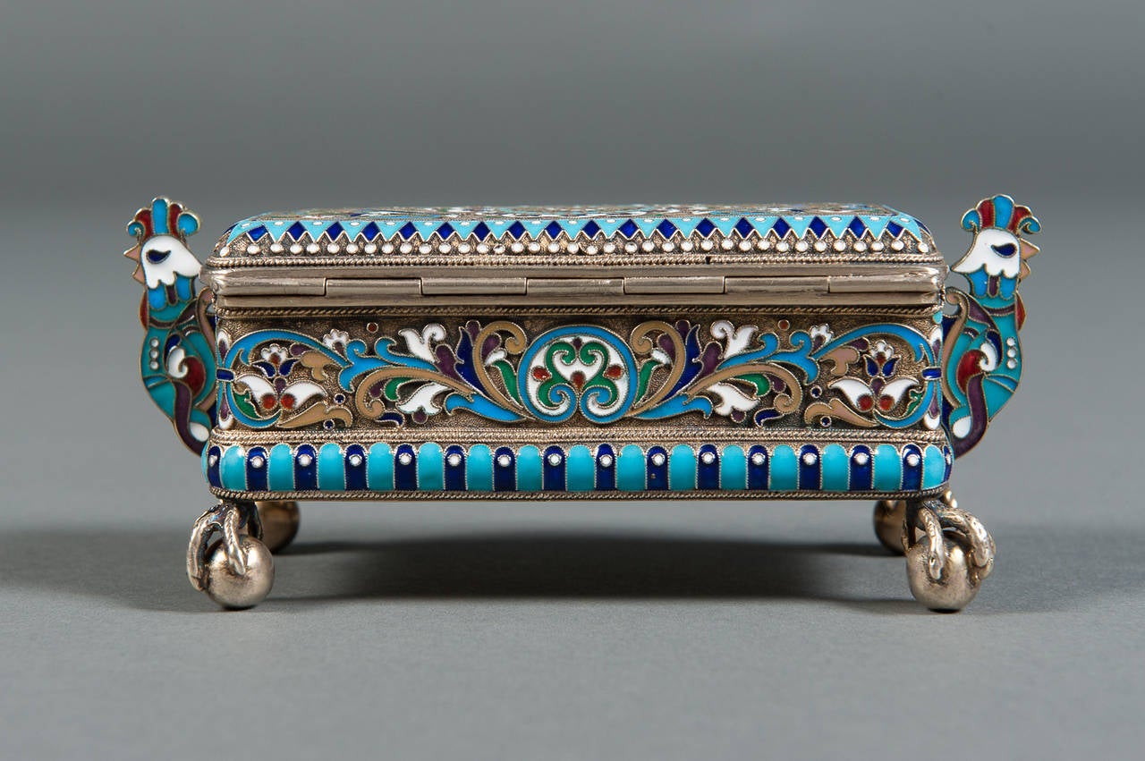 A Fine Russian .84 SIlver & Enameled Box With Eagle Feet. Signed/Hallmarked 1