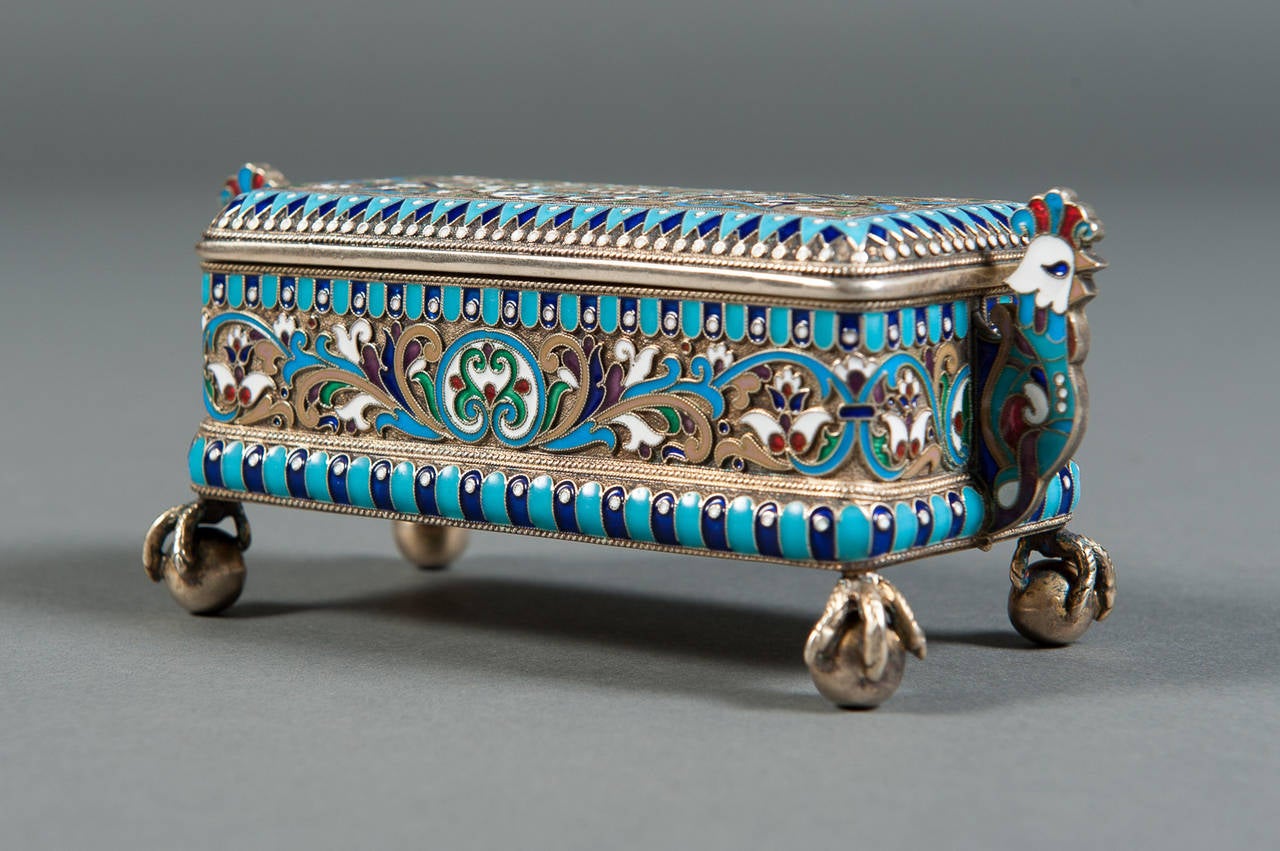 A Fine Russian .84 SIlver & Enameled Box With Eagle Feet. Signed/Hallmarked 4