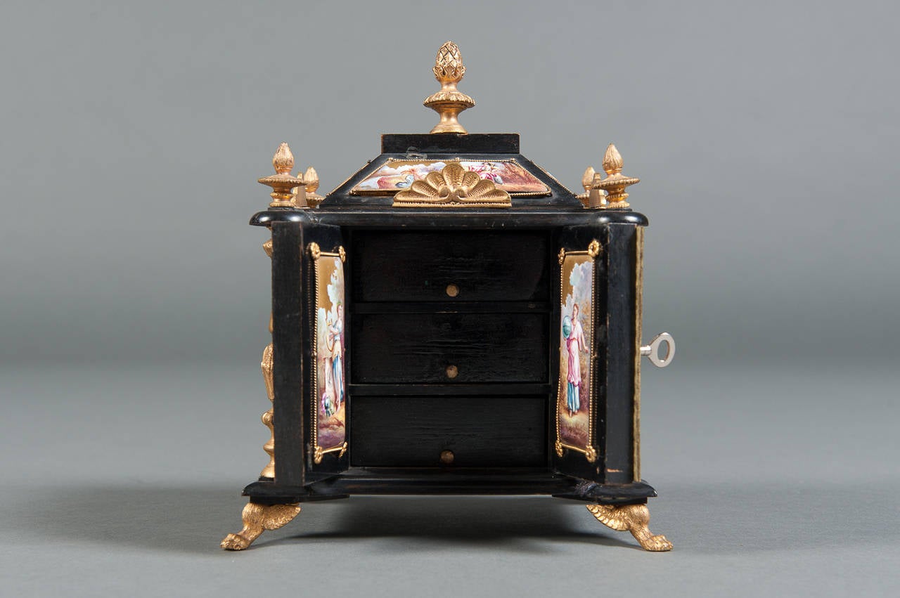 Austrian Viennese Enamel Bronze Mounted Ebony Jewelry Box