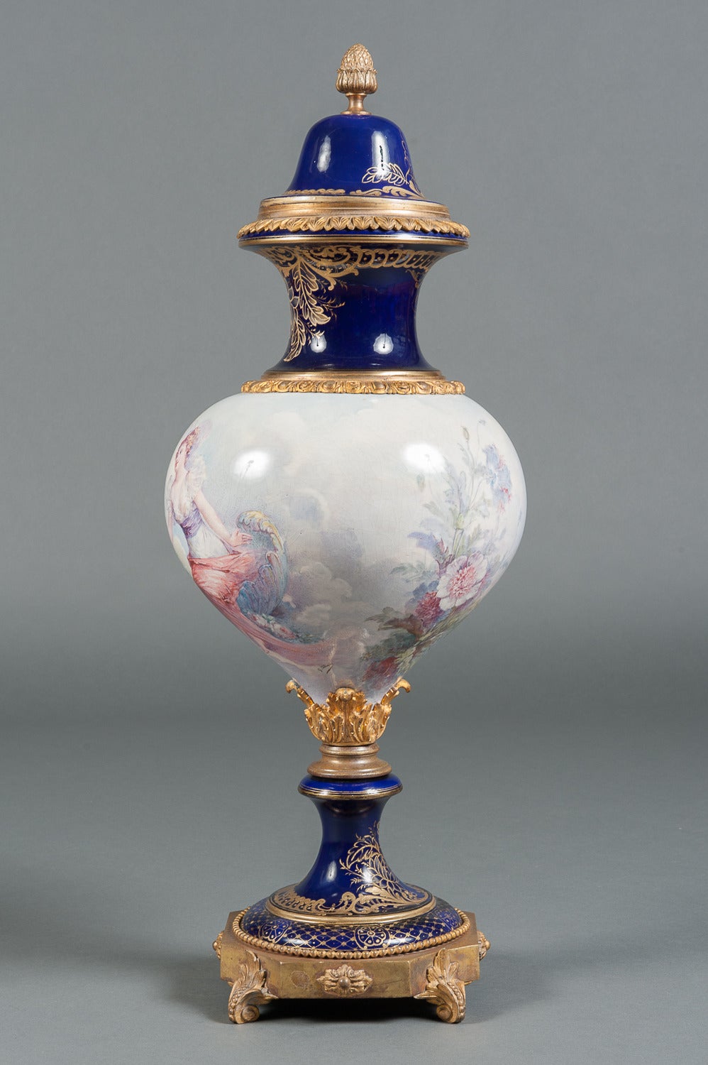 An Unique French Sevres Style Hand Painted Porcelain Lidded Vase In Good Condition For Sale In Los Angeles, CA