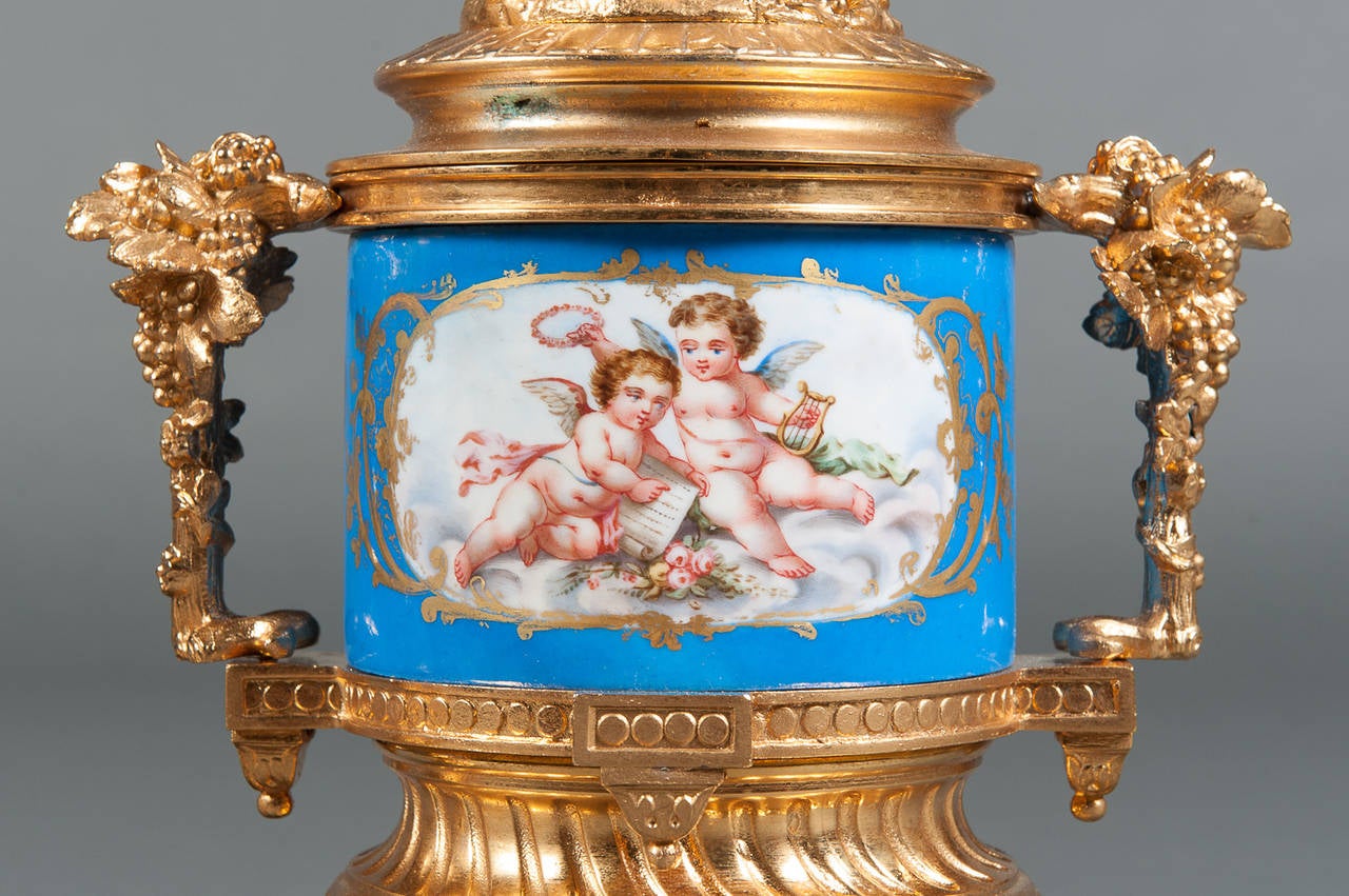 A Pair of 19th Century French Sevres Style & Gilt Bronze Porcelain Lidded Vases 4